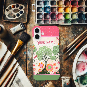 Coque Pour iPhone 16 Plus Nom personnalisé Floral Pink Tree Green Inspirivit