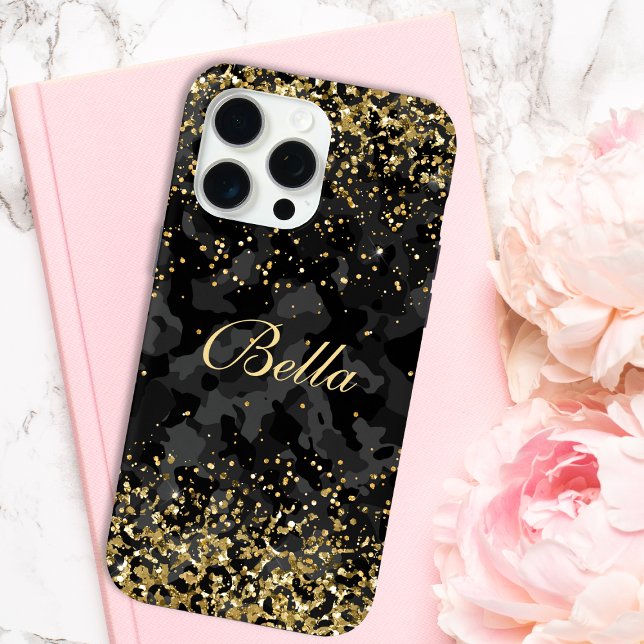 Coques Case-Mate iPhone Nom personnalisé girly pailleté or noir moderne (Créateur téléchargé)