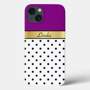 Case-Mate iPhone Case Nom personnalisé Gold. Pois violets, blancs et noi
