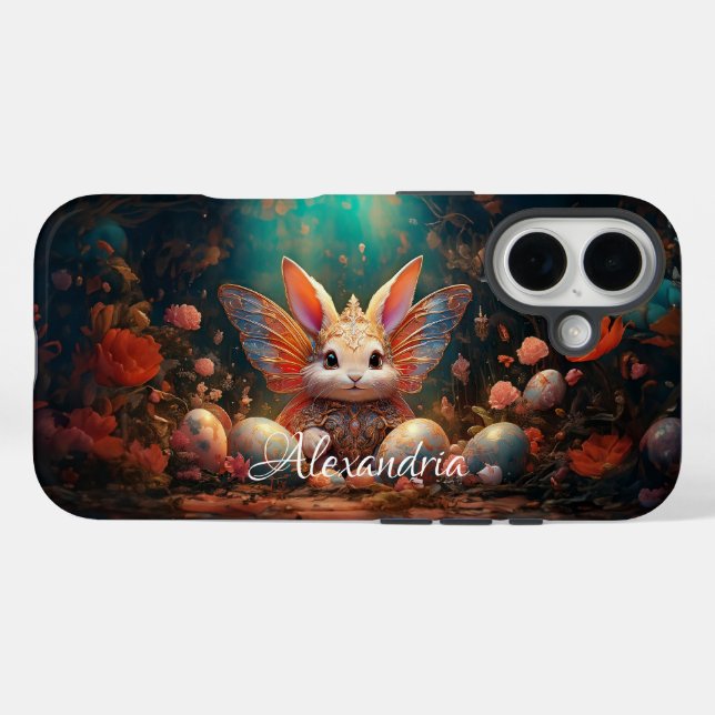 Coques Case-Mate iPhone Nom personnalisé Joyeux lapin de Pâques avec oeufs (Verso (horizontal))
