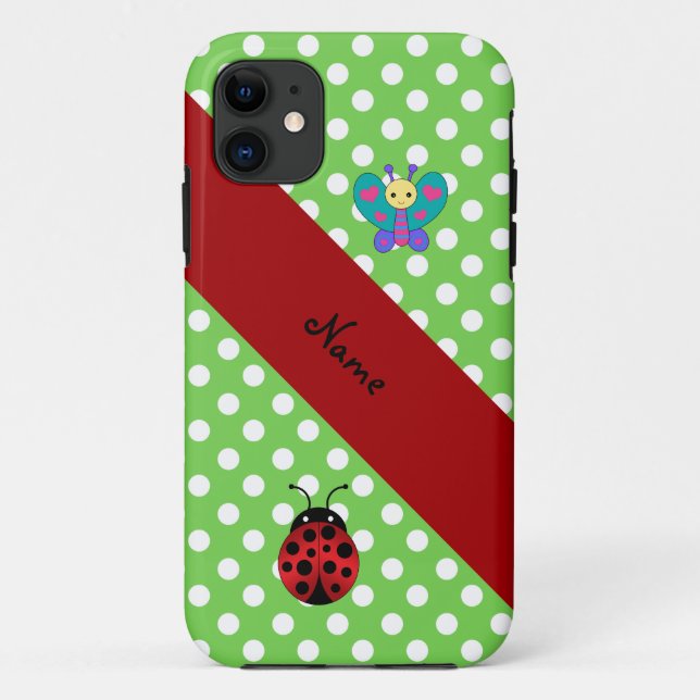 Coques Case-Mate iPhone Nom personnalisé ladybug papillon pois verts (Dos)