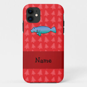 Coque iPhone 11 Nom personnalisé manatee rouge noël arbres