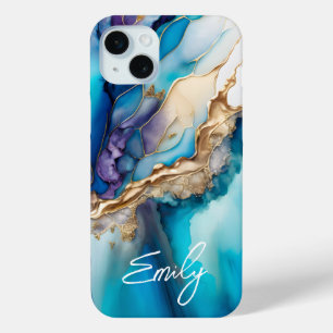 Coque Case-Mate iPhone Nom Personnalisé Marbre Bleu Or Élégant Moderne