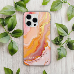 Coque Case-Mate iPhone Nom personnalisé Marbre Doré et Pêche Élégant Mode