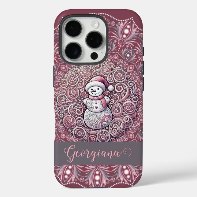 Coques Case-Mate iPhone Nom personnalisé mignon Whimsical Pink Snowman Man (Verso)
