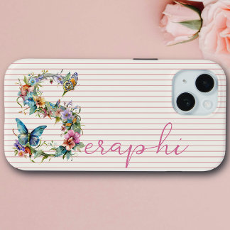 Coque Case-Mate iPhone Nom personnalisé moderne Papillon floral rose init