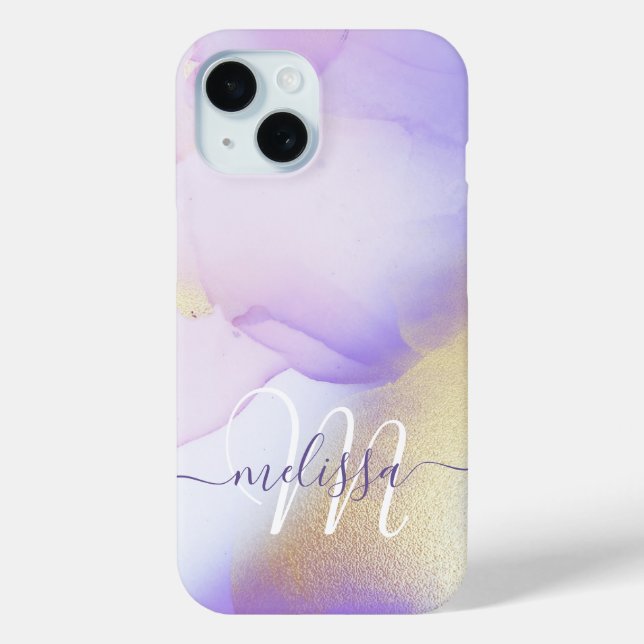 Coques Case-Mate iPhone Nom personnalisé Monogram Purple Aquarelle Luxe (Verso)