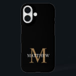 Coque Pour iPhone 16 Nom personnalisé Monogramme noir<br><div class="desc">Créez votre propre boîtier de téléphone rond noir personnalisé avec votre nom personnalisé et votre monogramme.</div>