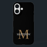 Coque Pour iPhone 16 Nom personnalisé Monogramme noir<br><div class="desc">Créez votre propre boîtier de téléphone rond noir personnalisé avec votre nom personnalisé et votre monogramme.</div>