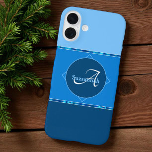 Coque Pour iPhone 16 Plus Nom personnalisé Monogramme Trois bandes Ombre Ble