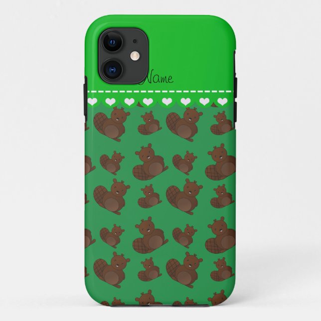Coques Case-Mate iPhone Nom personnalisé motif de castor vert (Dos)