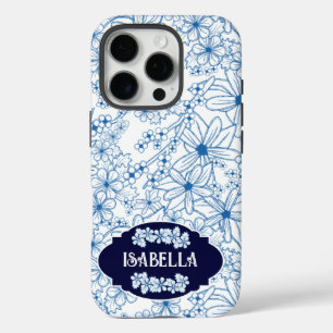 Coque iPhone 16 Pro Nom personnalisé motif floral bleu féminin