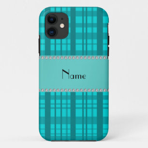 Coque iPhone 11 Nom personnalisé motif plaid turquoise