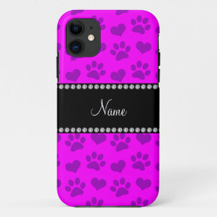Coque iPhone 11 Nom personnalisé néon coeurs et empreintes de patt