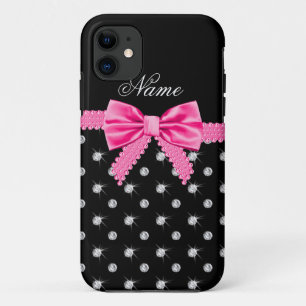 Coques Pour iPhone Nom personnalisé noir diamants rose arc