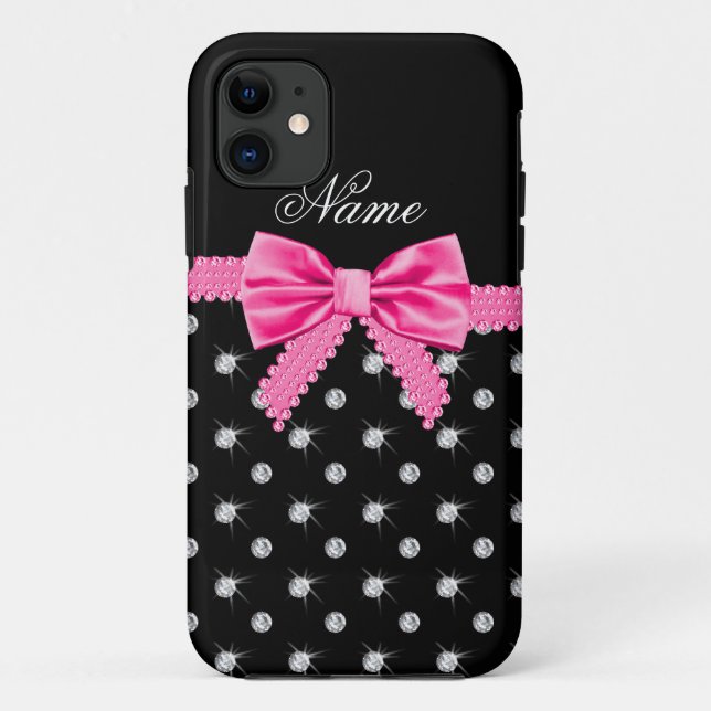 Coques Case-Mate iPhone Nom personnalisé noir diamants rose arc (Dos)