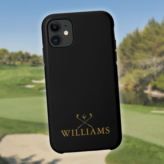 Coques Case-Mate iPhone Nom Personnalisé Noir Et Or Clubs De Golf (Black And Gold Personalized Name Golf Clubs Case-Mate iPhone Case)