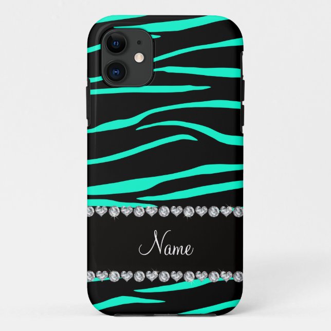 Coques Case-Mate iPhone Nom personnalisé noir turquoise zèbre rayures (Dos)