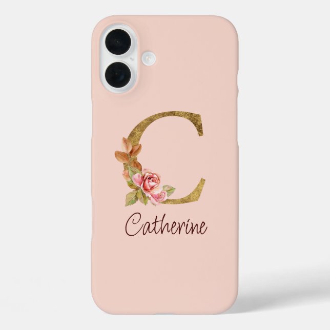 Coques Case-Mate iPhone Nom personnalisé Or Foil Blush Roses Lettre C (Verso)