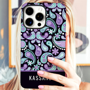 Coque iPhone 16 Pro Max Nom personnalisé paisley violet sarcelle