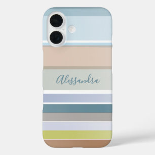 Coque Pour iPhone 16 Nom personnalisé Pastel Stripes Moderne Sage Bleu