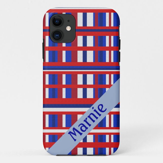 Coques Case-Mate iPhone Nom personnalisé Patriote Plaid Rouge Blanc & Bleu (Dos)