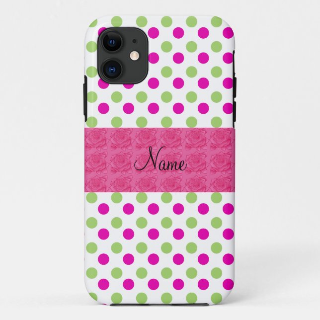 Coques Case-Mate iPhone Nom personnalisé pois rose et vert (Dos)