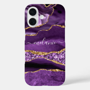 Coque Pour iPhone 16 Nom personnalisé Purple Gold Parties scintillant M