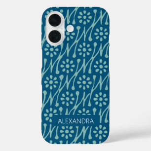 Coque Pour iPhone 16 Nom personnalisé Turquoise Bleu Boho Floral Retro