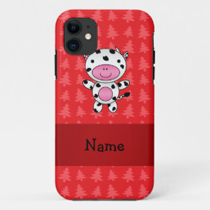 Coque iPhone 11 Nom personnalisé vache rouge noël arbres