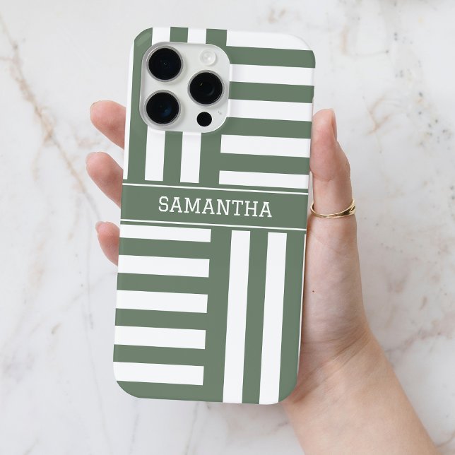 Coques Case-Mate iPhone Nom personnalisé Vert olive blanc rayures Chic (Personalized Name Olive Green White Stripes Chic Case-Mate iPhone Case)
