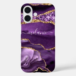 Coque Pour iPhone 16 Nom personnaliséAgate Violet violet or Bijou en ma