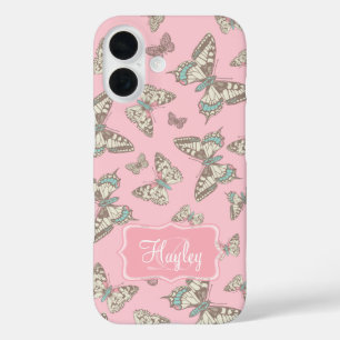 Coques iPhone 16 Nom rose à motif papillon