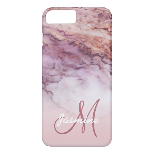 Coques Case-Mate iPhone Nom rose Girly chic de monogramme de marbre d'or (Dos)