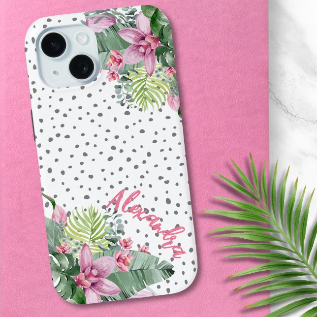 Coques Case-Mate iPhone Nom Tropical Floral Mignon Personnalisé (Cute Trendy Watercolor Leaves Floral Tropical Case-Mate iPhone Case)