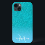 Case-Mate iPhone Case Nom turquoise bleu vert parties scintillant monogr<br><div class="desc">Turquoise dégradé de parties scintillant bleu-vert faux. Modèle pour votre nom et lettre monogramme. Lettres blanches et turquoises.</div>