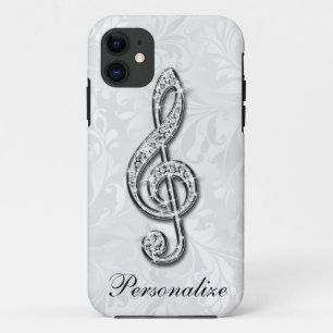 Coque iPhone 11 Note de musique en diamant personnalisée sur damas
