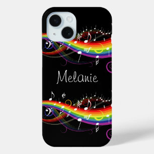 Coque Pour iPhone 15 Notes de musique blanc arc-en-ciel personnalisées 
