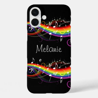 Coques iPhone 16 Plus Notes de musique blanc arc-en-ciel personnalisées 