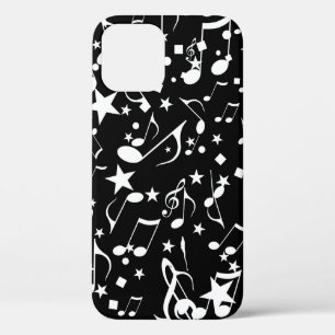Coque iPhone 12 Notes de musique blanche sur le noir