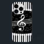 Coque Case-Mate iPhone Notes de musique élégante Clé de fer et touches de<br><div class="desc">Un design musical élégant en gris, noir et blanc avec une grande clé triplée au centre avec des touches de piano courbes créant une bordure en haut et en bas du design avec un subtil motif de notes musicales grises dans l'arrière - plan. Un cadeau de musique captivant pour le...</div>