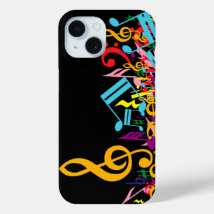 Coque Pour iPhone 15 Notes de musique en jumbled coloré sur le noir