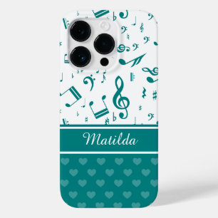 Coque Pour iPhone 14 Pro Notes de musique et Motif de coeur Turquoise et bl