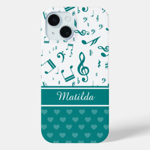 Coque Pour iPhone 15 Notes de musique et Motif de coeur Turquoise et bl