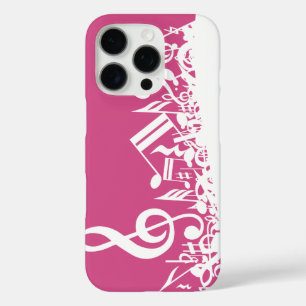 Coques iPhone 16 Pro Notes musicales brouillées Hot rose et blanc