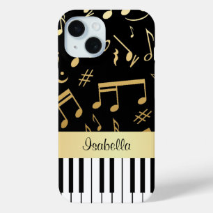 Coque Pour iPhone 15 Notes musicales et touches de piano Noir et Or