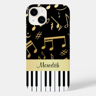 Coque Pour iPhone 14 Notes musicales et touches de piano Noir et Or