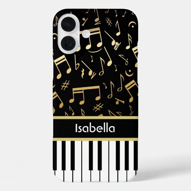 Coques Case-Mate iPhone Notes musicales et touches de piano Noir et Or (Verso)