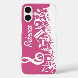 Coques iPhone 16 Plus Notes musicales personnalisées Hot rose et blanc