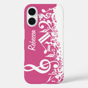 Coque Pour iPhone 16 Notes musicales personnalisées Hot rose et blanc